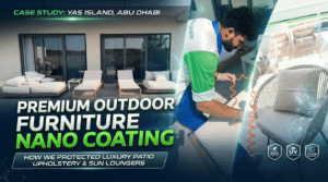 Technician applying professional furniture nano coating Abu Dhabi to outdoor patio cushions