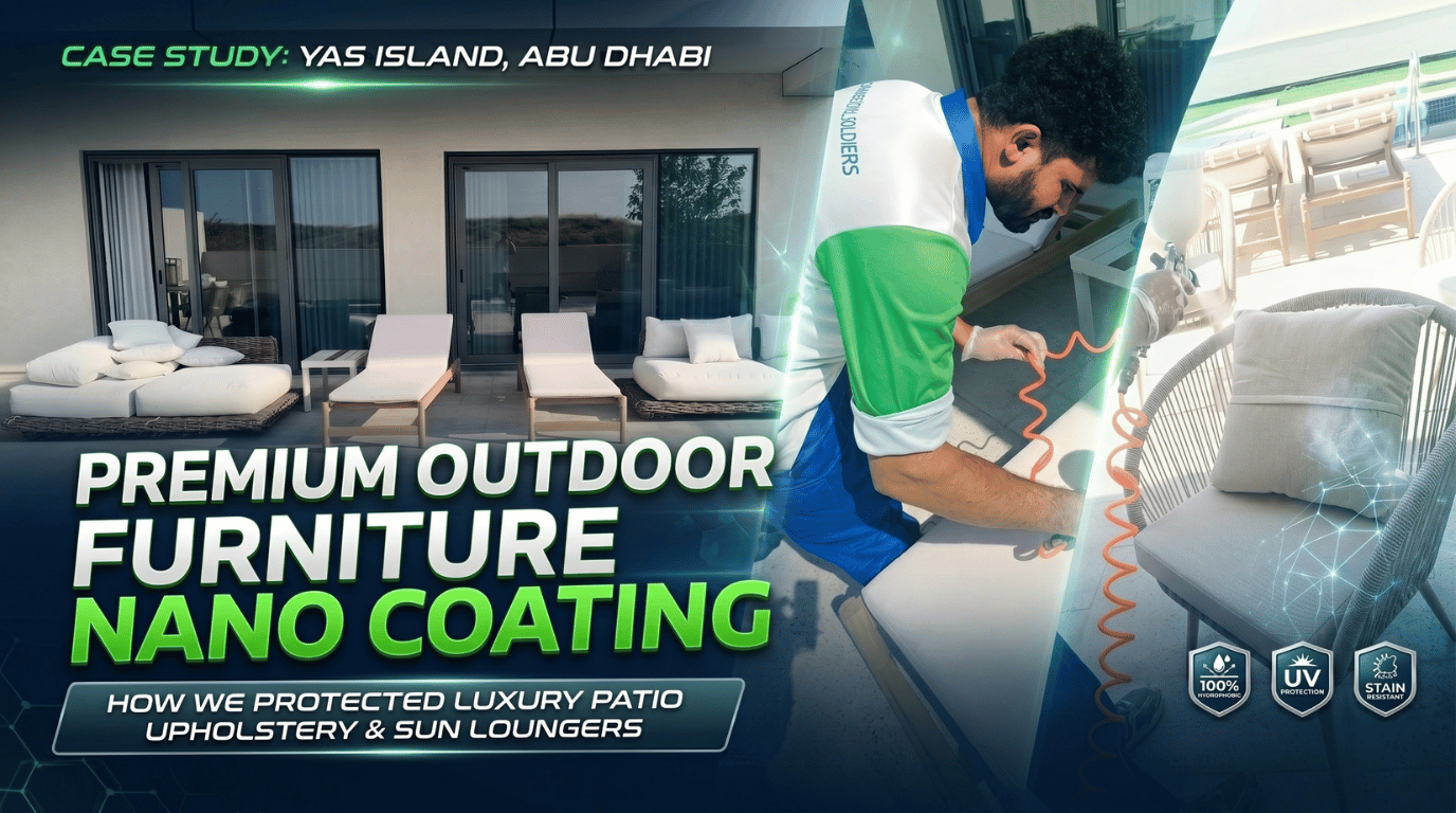 Technician applying professional furniture nano coating Abu Dhabi to outdoor patio cushions