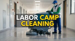 Professional Eco Guardians staff operating an industrial floor scrubber for labor camp cleaning Abu Dhabi