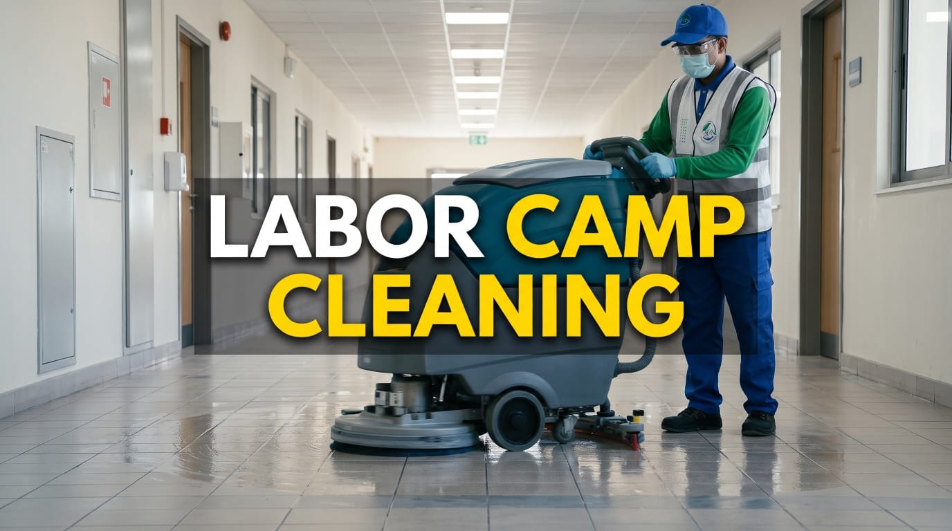 Professional Eco Guardians staff operating an industrial floor scrubber for labor camp cleaning Abu Dhabi